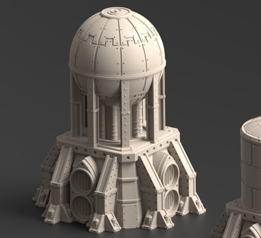 Two unpainted miniature terrain pieces for tabletop wargaming, shown on a dark gray background. The set includes a domed structure on the left and a cylindrical tower on the right, both in a light gray resin or plastic.