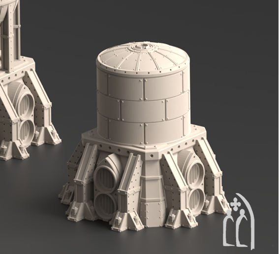 Two unpainted miniature terrain pieces for tabletop wargaming, shown on a dark gray background. The set includes a domed structure on the left and a cylindrical tower on the right, both in a light gray resin or plastic.
