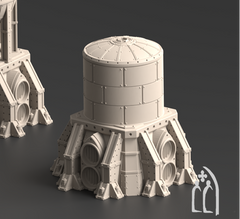 Two unpainted miniature terrain pieces for tabletop wargaming, shown on a dark gray background. The set includes a domed structure on the left and a cylindrical tower on the right, both in a light gray resin or plastic.