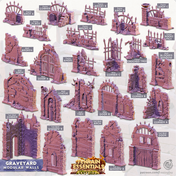 Terrain Essentials Exterior Graveyard Ruins - Modular Walls 3D-printed model