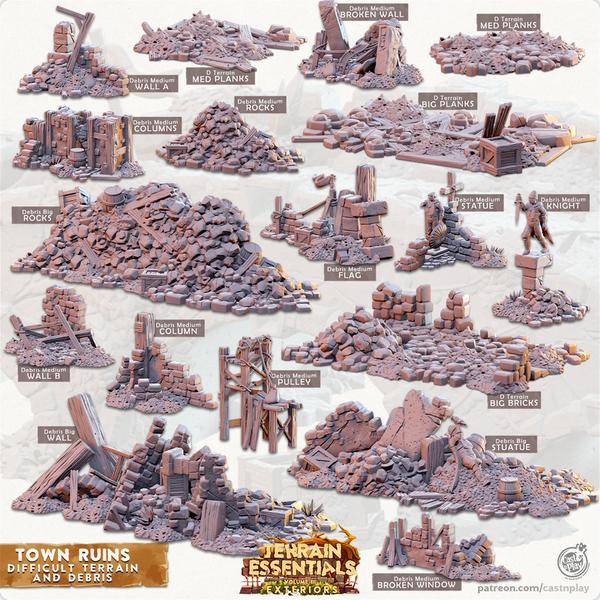 Terrain Essentials Exterior Town Ruins - Debris and Difficult Terrain 3D-printed model
