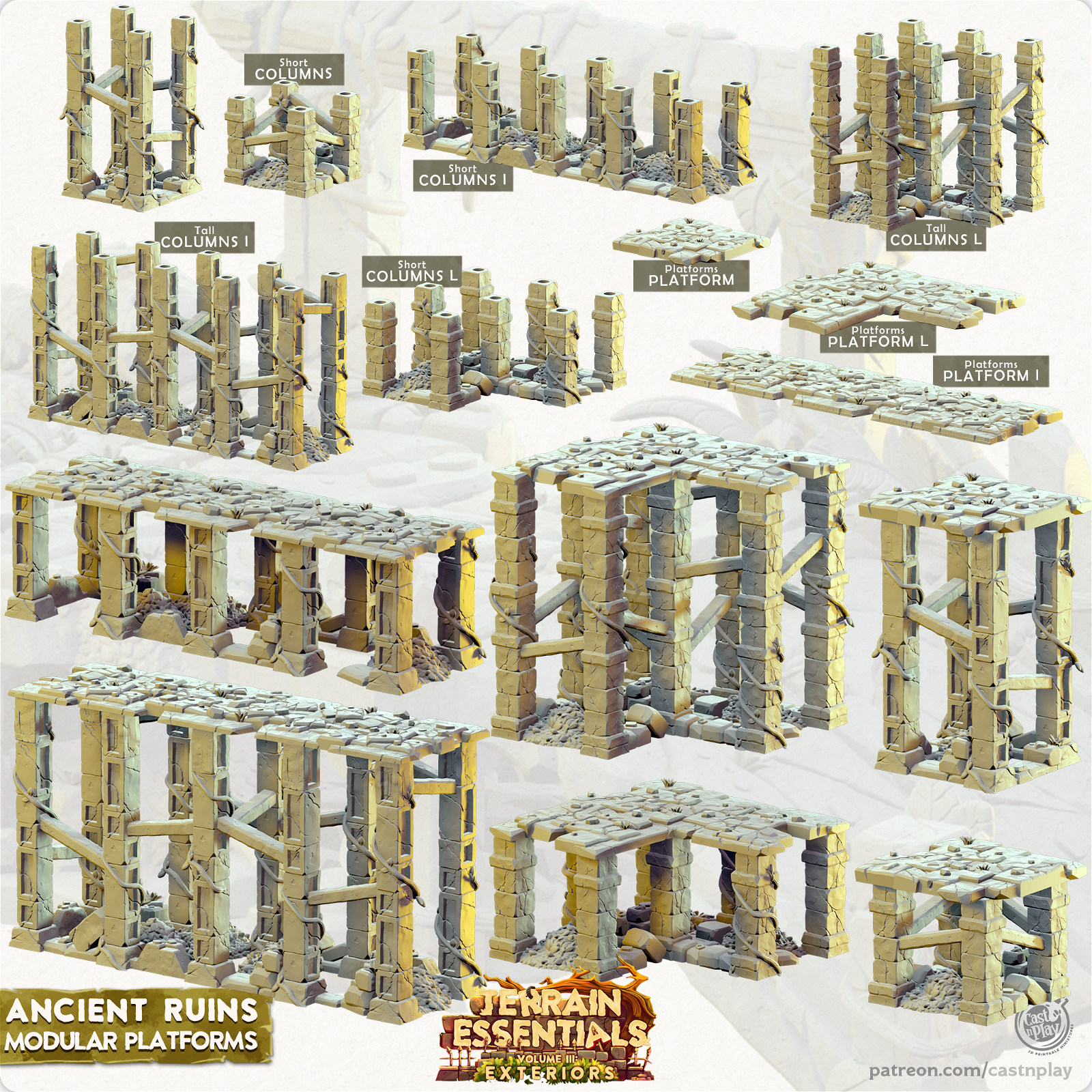 Terrian Essentials Extertior Ancient Ruins - Modular Platforms - The Printable Dragon